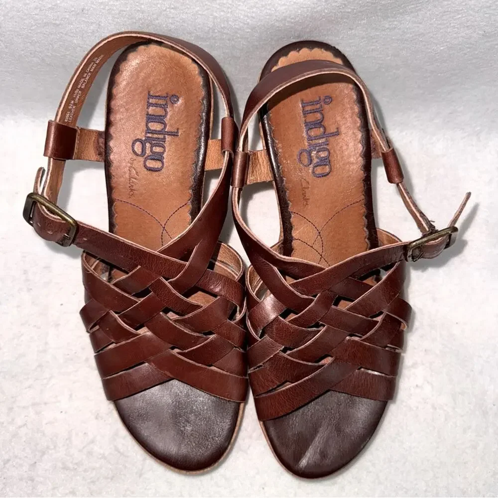 EUC Women’s Indigo by Clarks Brown Leather Slingback Wedges Cork 3.5” Heels 9.5